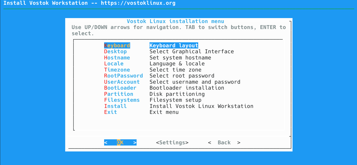 Vostok Linux installation menu